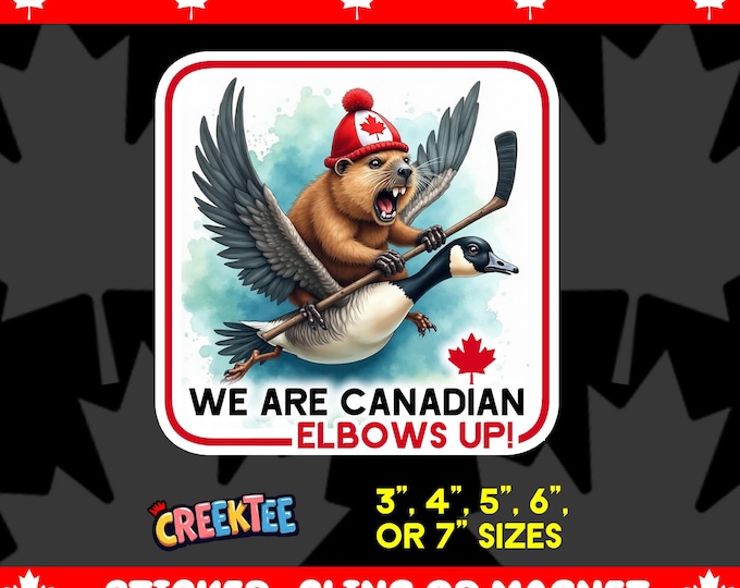 Elbows Up! Canadian Angry Beaver Riding Snowmobile Bumper Sticker, Magnet, Vinyl Sticker or Window Cling, UV Laminate, laptop, water bottle