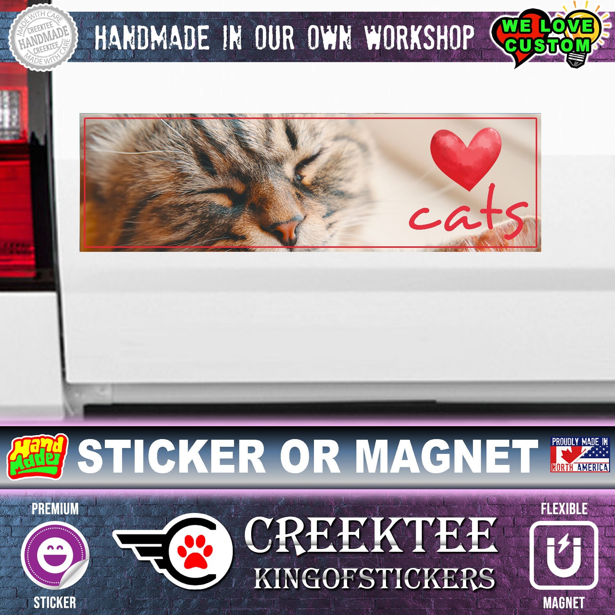 Love Cats Bumper Sticker or Magnet in various sizes, full color with UV laminate coating