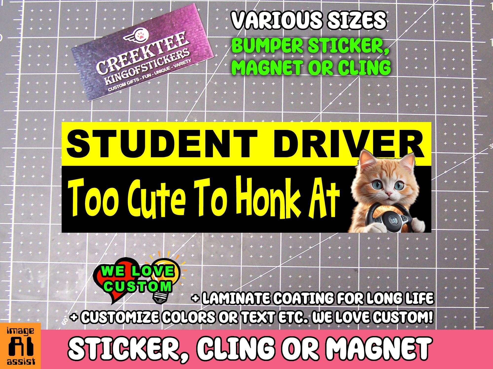Student Driver Too Cute To Honk At Bumper Sticker, Magnet or Window Cling in Various Sizes Choose 10