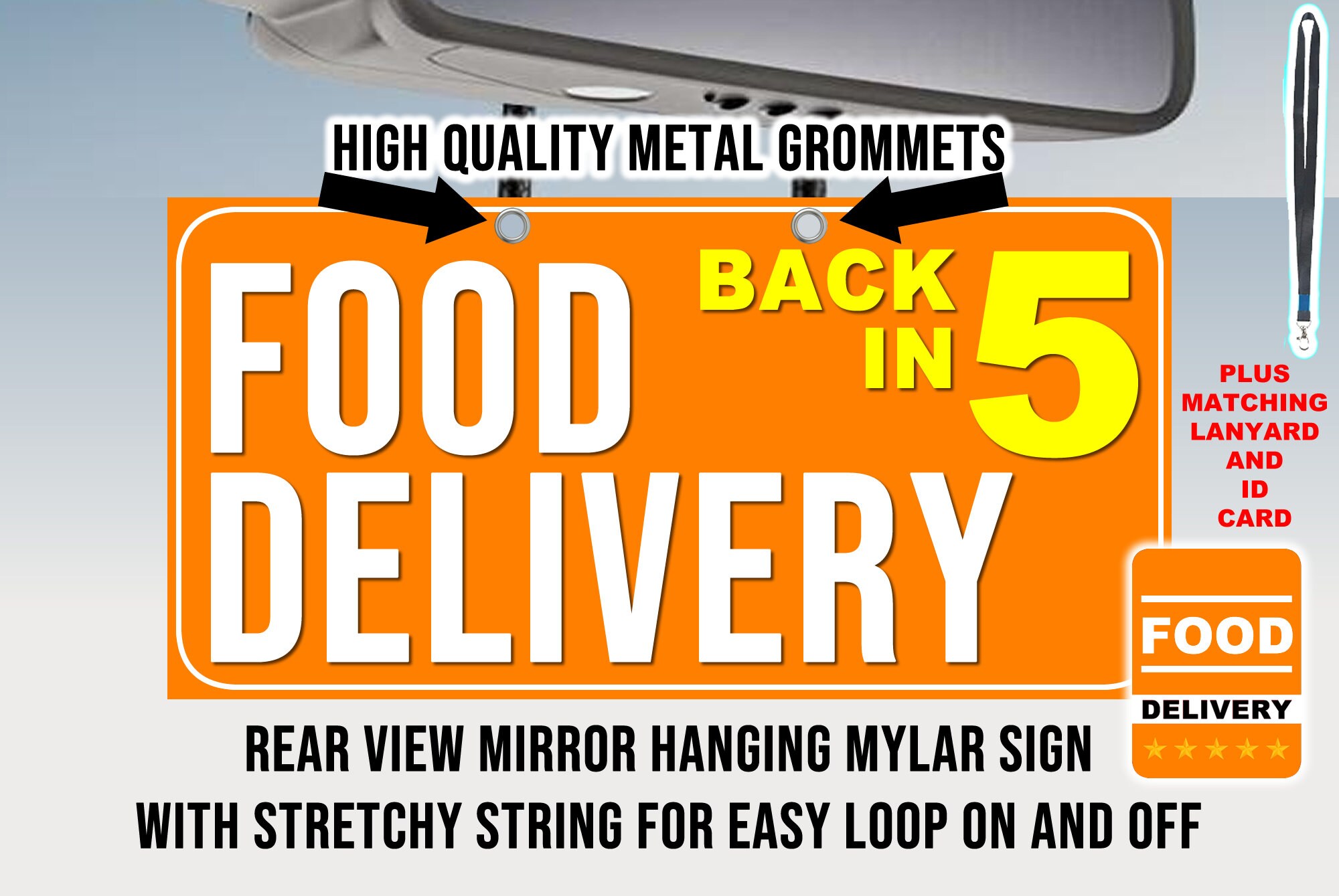 Combo Id Tag + Rear View Mirror Hanger Customizable Food Delivery Quality Print, Laminated With White Mylar Backing - Print One Side