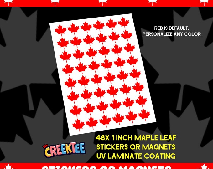 48x 1 inch Canada Maple Leaf Vinyl Sticker or Vinyl Magnet both coated with UV Laminate Coating, laptop, water bottle