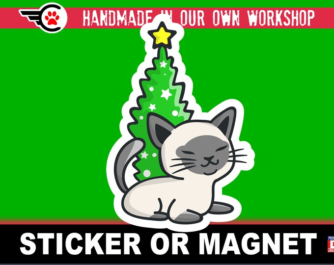 Cute Christmas Cat Die-Cut sticker or magnet in various sizes , 3" to 7" coated with UV Laminate Premium Sticker or Magnet