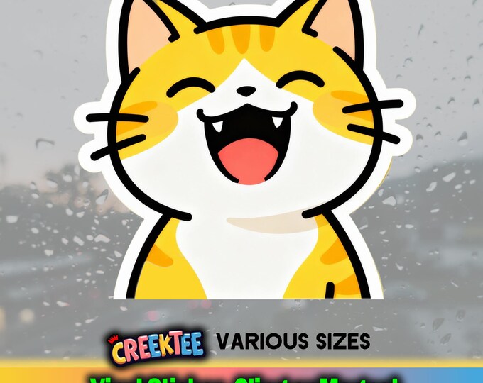 Laughing Cat Vinyl Sticker, Window Cling or Magnet in UV Laminate Coating