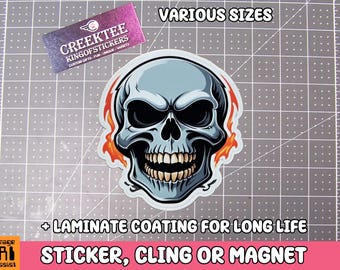 Skull Vinyl Sticker, Magnet or Window Cling in Various Sizes with Laminate Coating