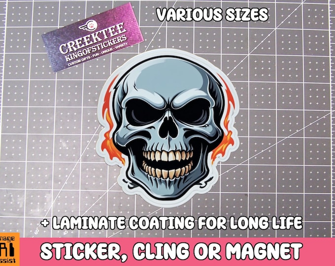 Skull Vinyl Sticker, Magnet or Window Cling in Various Sizes with Laminate Coating