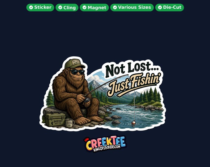 Bigfoot, Sasquatch Fishing Vinyl Sticker, Window Cling or Magnet in UV Laminate Coating