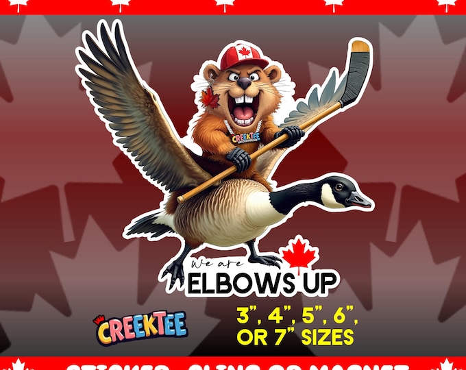 Canadian Elbows Up! Angry Beaver Flying Goose Bumper Sticker, Magnet, Vinyl Sticker, Window Cling, UV Laminate, laptop, water bottle