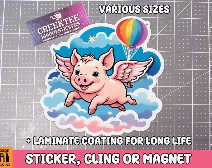 Flying Pig Vinyl Sticker, Window Cling or Magnet in UV Laminate Coating
