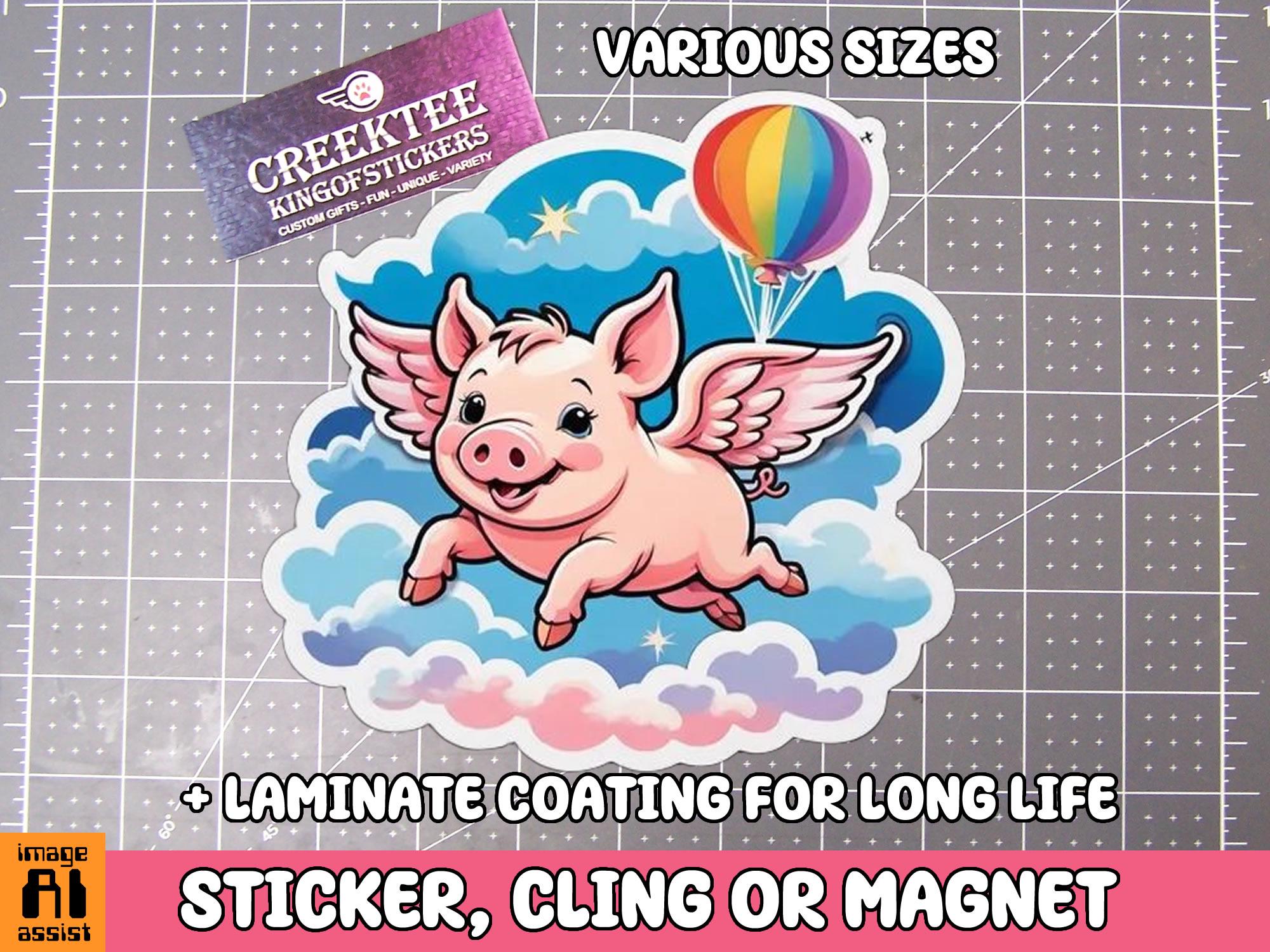 Flying Pig Vinyl Sticker, Window Cling or Magnet in UV Laminate Coating