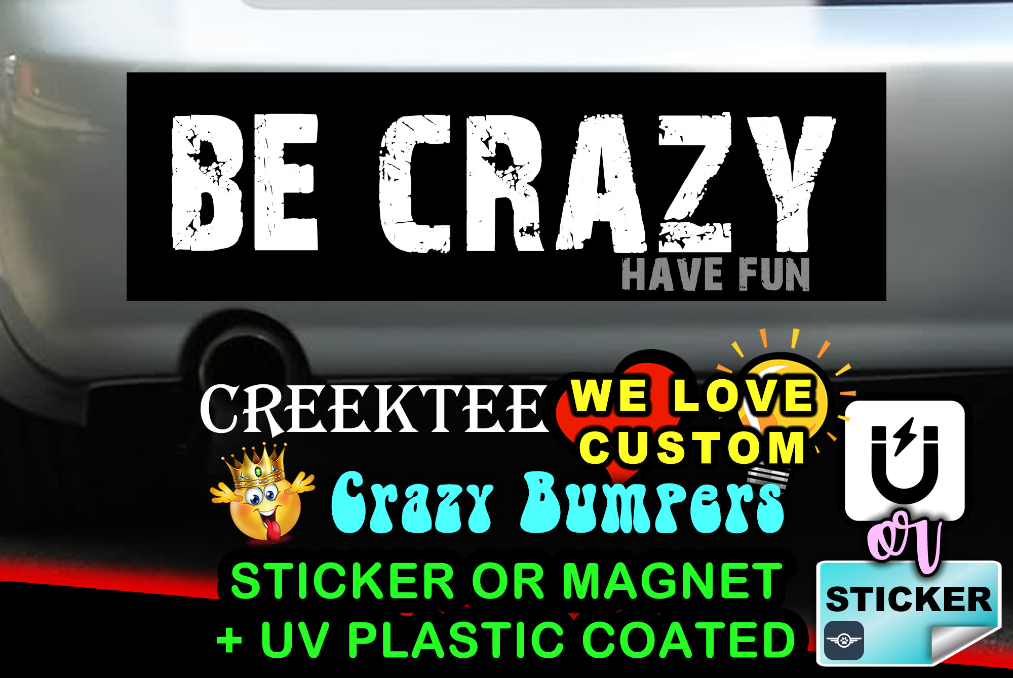 Be Crazy Have Fun Bumper Sticker or Magnet with your text or image 8