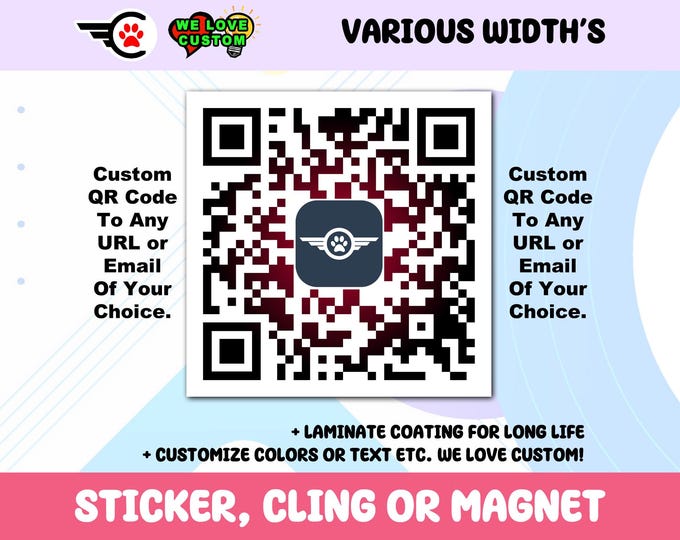 Custom QR Code Vinyl Bumper Sticker, Window Cling or Bumper Sticker Magnet in UV Laminate Coating. your custom URL or Email Address etc.