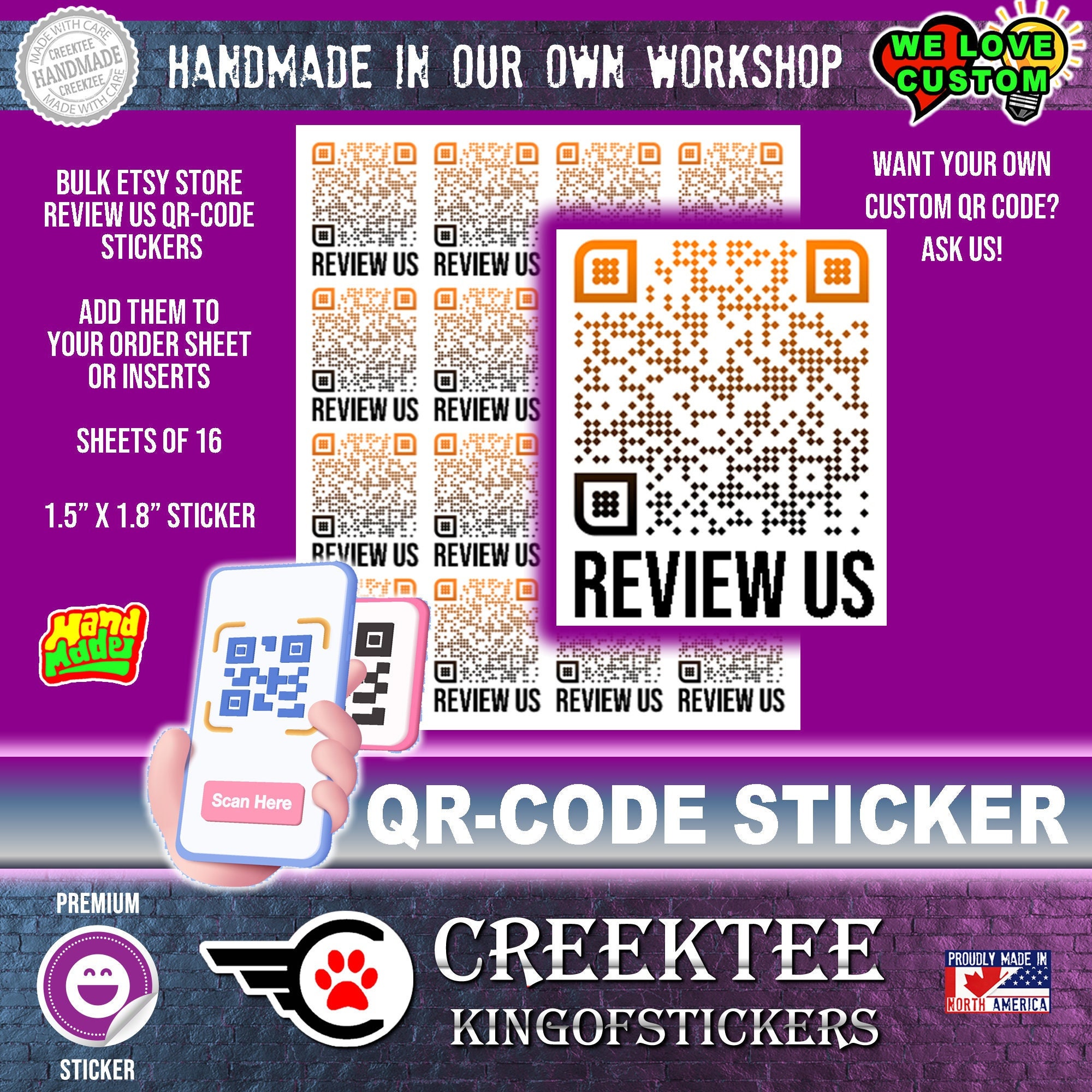 1.5 inch x 1.8 inch Etsy Review Us QR-Code Stickers or Custom QR-Code Stickers in sheets of 16