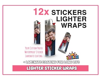 12x Lighter Sticker Wraps, your photos, text, or images, with laminate coating.