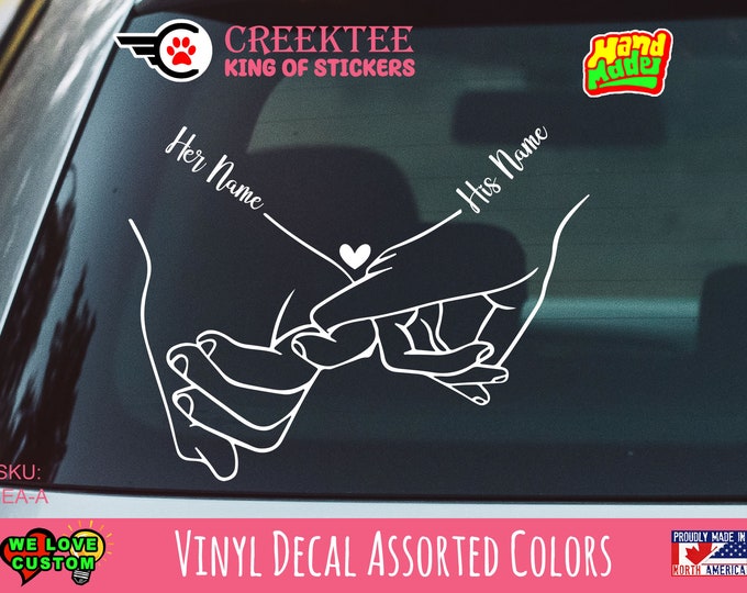 Personalized Couple Hands Vinyl Decal Various Sizes and Colors Die Cut Vinyl Decal also in Cool Chrome Colors!