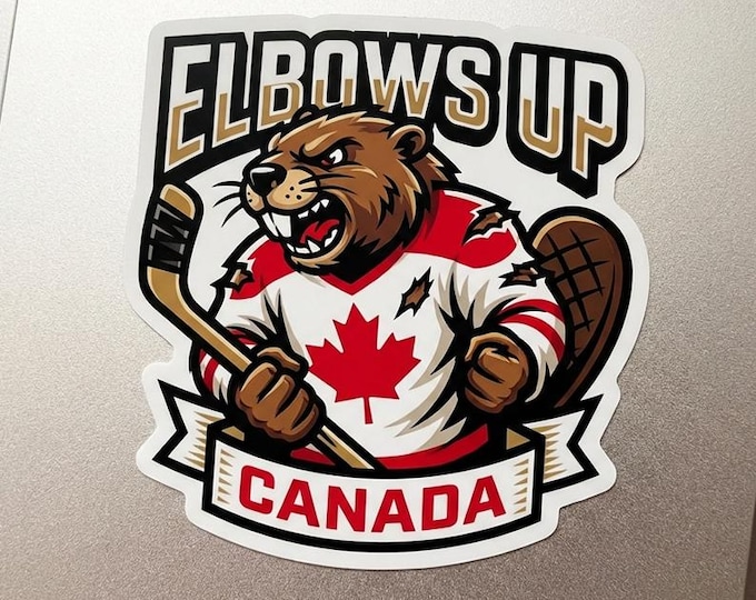 Elbows Up Canada Angry Beaver Bumper Sticker, Magnet, Vinyl Sticker, Window Cling, UV Laminate, laptop, water bottle