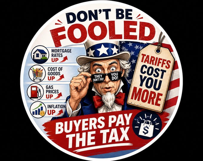 USA Tariffs cost you more Round Bumper Sticker, Magnet, Vinyl Sticker or Window Cling, UV Laminate Coating, laptop, water bottle