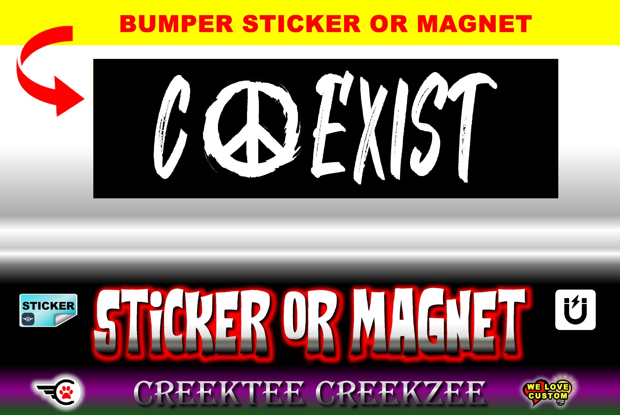 COEXIST Bumper Sticker or Magnet with your text, image or artwork, 8