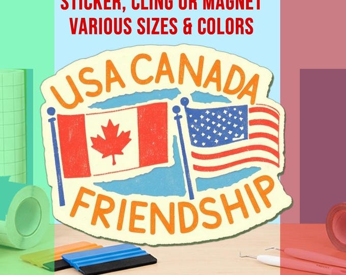 USA Canada Friendship Bumper Sticker, Magnet, Vinyl Sticker or Window Cling, UV Laminate Coating, laptop, water bottle