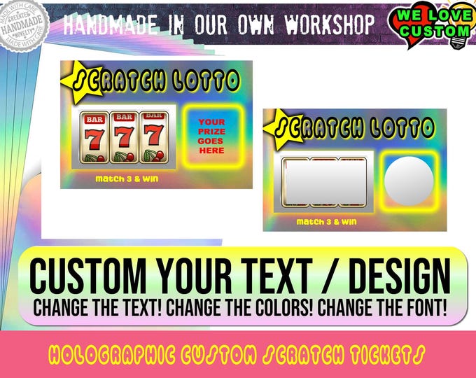 Holographic Custom Faux Scratch Tickets Novelty, Laminate Coating, Scratch Off Top, Customize The Text and Message