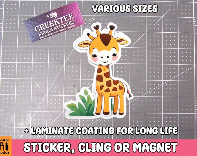 Cute Giraffe Water bottle or kids Sticker, Magnet or Window Cling in Various Sizes