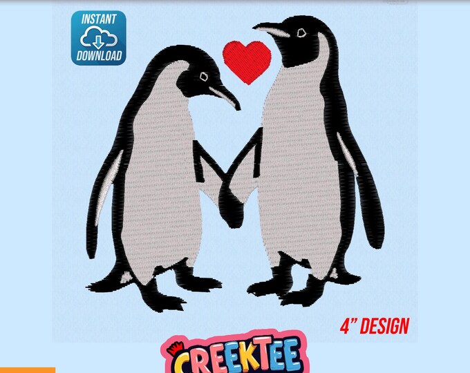 Embroidery File Two Penguins Holding Hands with Heart Instant Digital Download In Various Formats