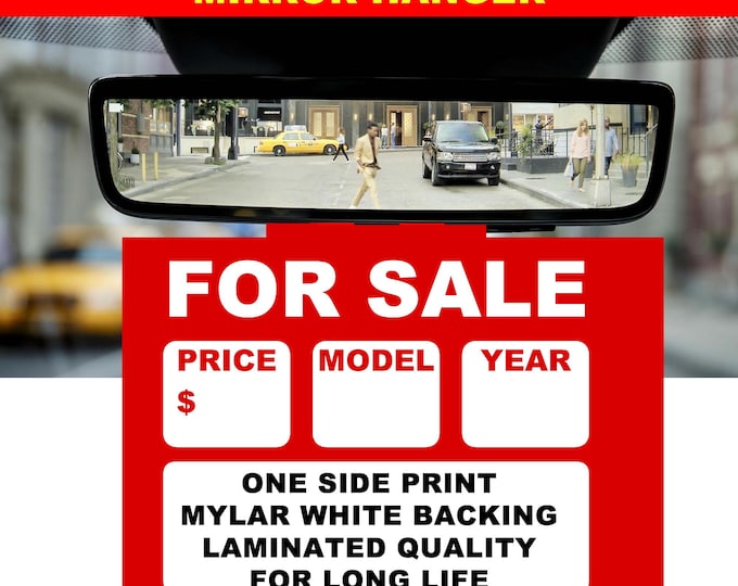 Car For Sale Mylar Sign For Rear View Mirror Hanging, Customizable, Laminated Quality, One Side Print