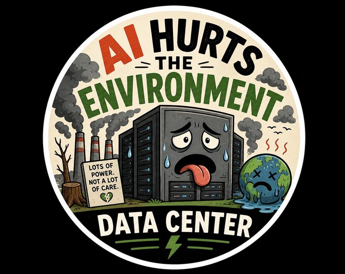 Data centers hurt the environment Round Bumper Sticker, Magnet, Vinyl Sticker or Window Cling, UV Laminate Coating, laptop, water bottle