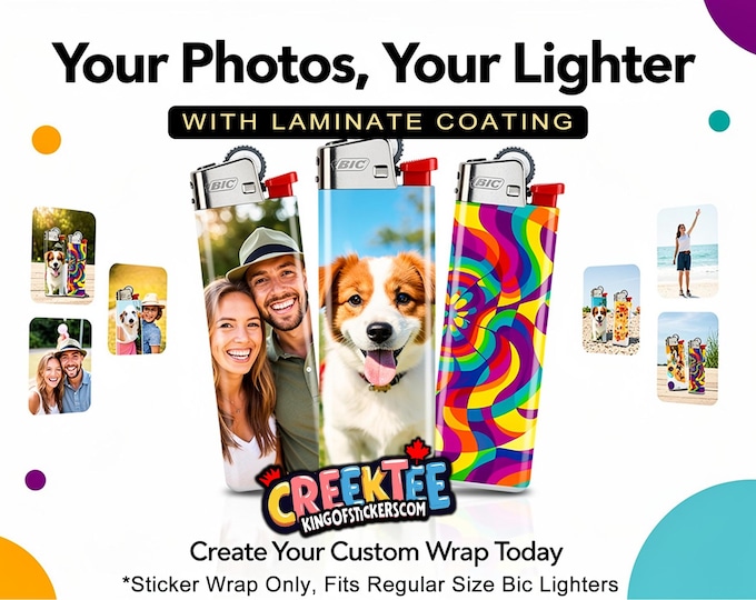 Custom 3x Lighter Sticker Wraps, your photo, text, or images, quantity bundles available, with laminate coating. 3x, 6x, 9x, 18x, 36 plus