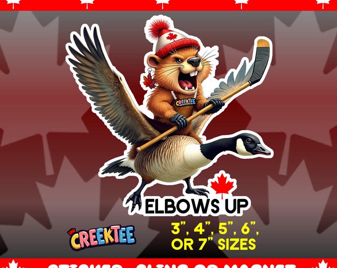 Canadian Elbows Up! Angry Beaver Flying Goose Bumper Sticker, Magnet, Vinyl Sticker, Window Cling, UV Laminate, laptop, water bottle