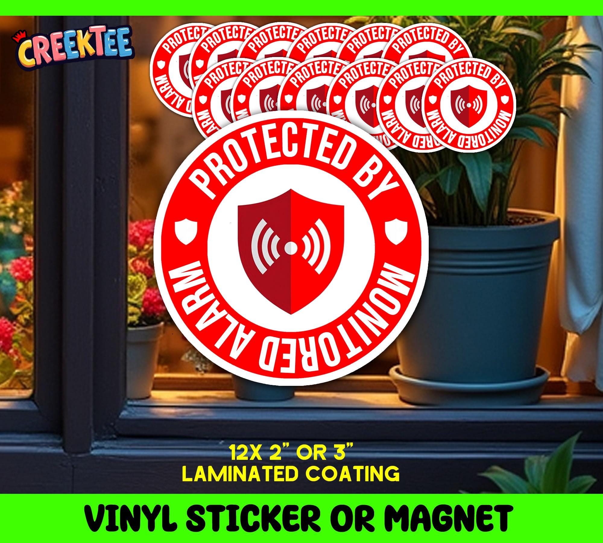 12x Pack Protected By Monitored Alarm Round Vinyl Sticker or Magnet in UV Laminate Coating, 2 inches round each or 3 inches round