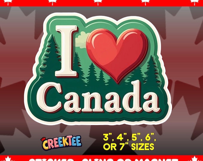I Love Canada Bumper Sticker, Magnet, Vinyl Sticker or Window Cling, UV Laminate Coating, laptop, water bottle