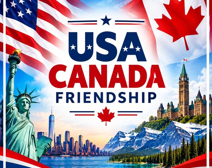 USA CANADA Friendship Square Bumper Sticker, Magnet, Vinyl Sticker or Window Cling, UV Laminate Coating, laptop, water bottle