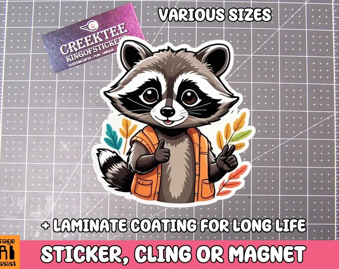Cute Raccoon Thumbs Up Vinyl Sticker, Window Cling or Magnet in UV Laminate Coating