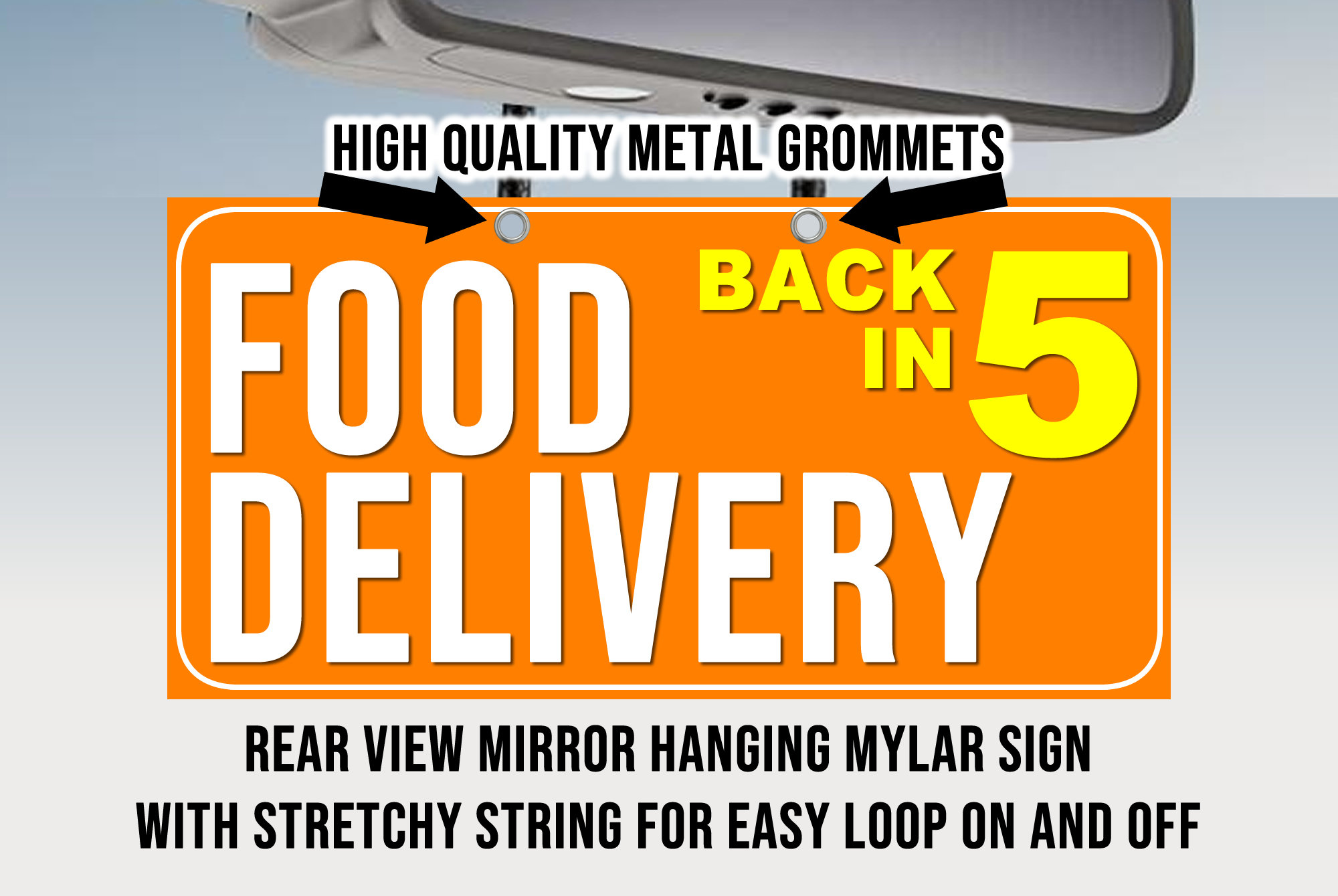 Rear View Mirror Hanger Customizable Food Delivery Quality Print, Laminated With White Mylar Backing - Print One Side CUSTOMIZABLE