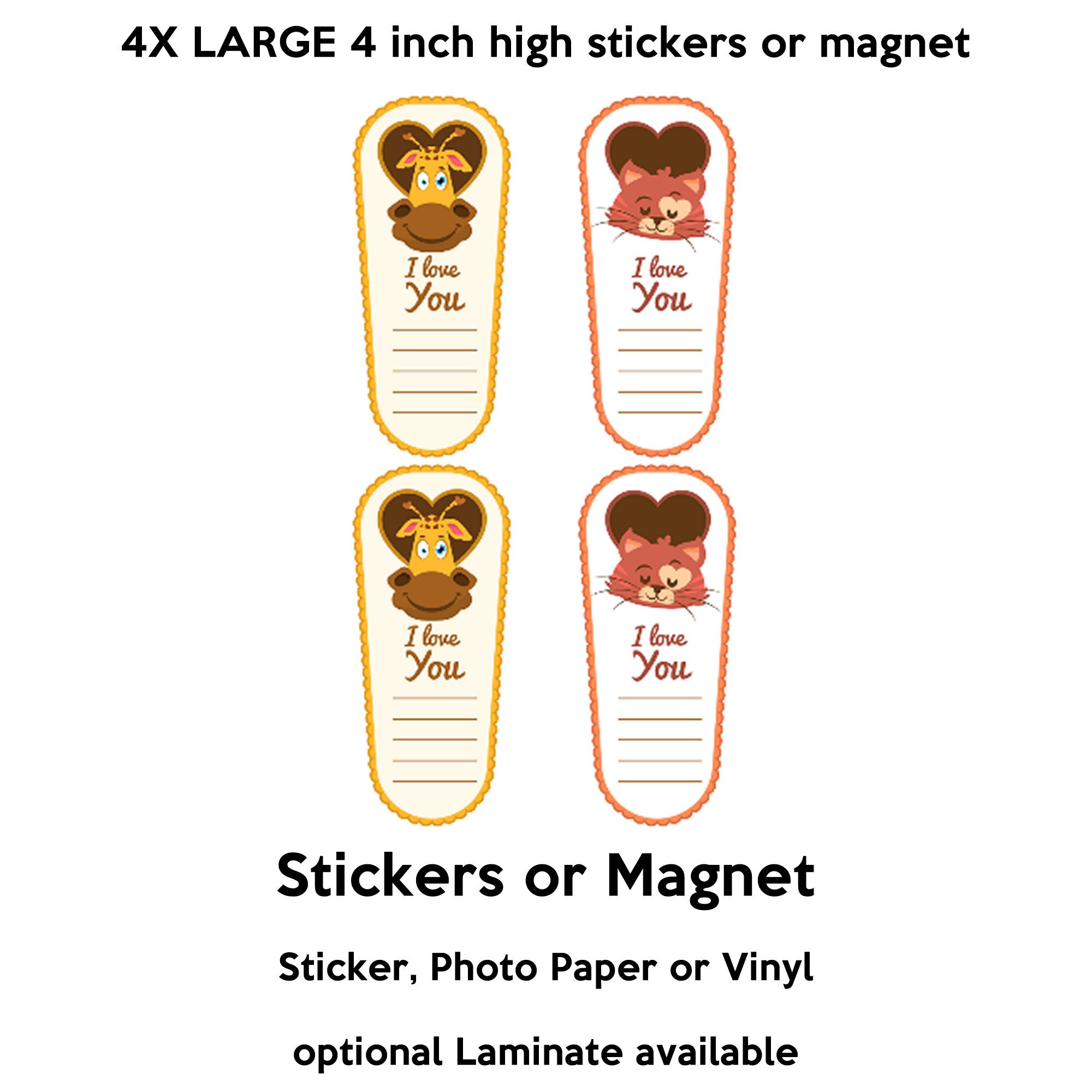 4x fun i love you animal stickers in standard, photo or vinyl print materials with laminate or magnet options available. Premium full color 4x fun i love you animal stickers in standard, photo or vinyl print materials with laminate or magnet options available. Premium full color