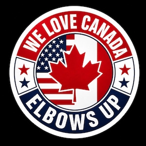 Puede incluir: Una pegatina circular con un diseño dividido de las banderas estadounidense y canadiense con una hoja de arce roja en el centro. El texto WE LOVE CANADA está arqueado en la parte superior y ELBOWS UP en la inferior, con estrellas rojas y azules.