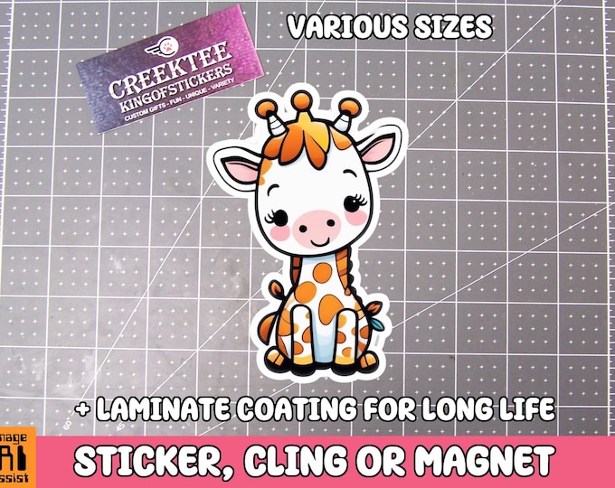 Cute Giraffe Water bottle or kids Sticker, Magnet or Window Cling in Various Sizes