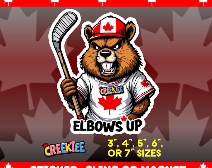 Canadian Elbows Up! Angry Beaver Flying Goose Bumper Sticker, Magnet, Vinyl Sticker, Window Cling, UV Laminate, laptop, water bottle