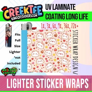 Kawaii Design 3x Lighter Sticker Wraps, OR your photo, text, or images,  bundles available, with laminate coating. 3x, 6x, 9x, 18x, 36+