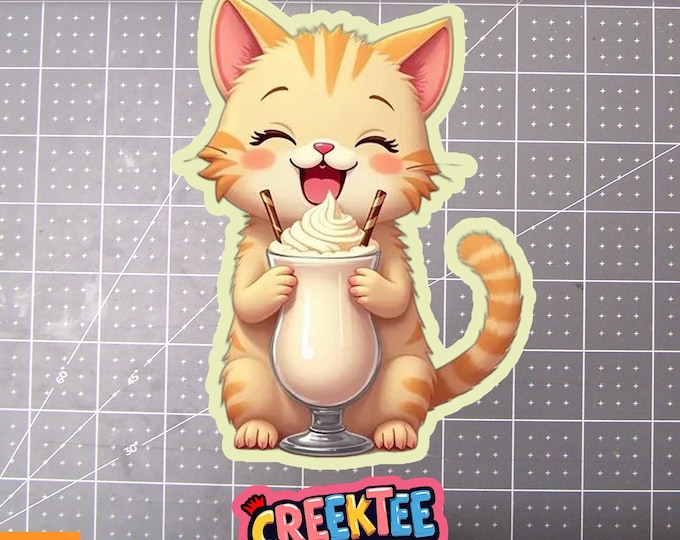 Cat drinking a milkshake Kawaii style Vinyl Sticker, Window Cling or Magnet in UV Laminate Coating