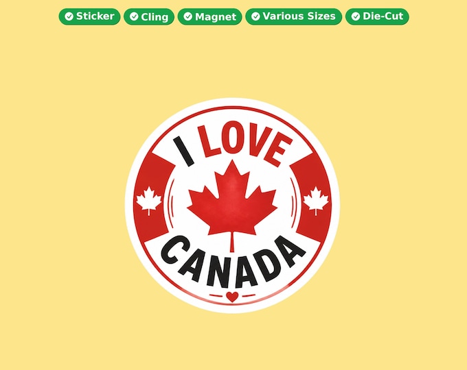 I Love Canada Round Bumper Sticker, Magnet, Vinyl Sticker or Window Cling, UV Laminate Coating, laptop, water bottle