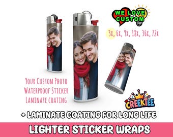 Custom 3x Lighter Sticker Wraps, your photo, text, or images, quantity bundles available, with laminate coating. 3x, 6x, 9x, 18x, 36 plus