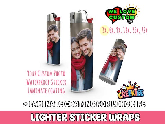 Custom 3x Lighter Sticker Wraps, your photo, text, or images, quantity bundles available, with laminate coating. 3x, 6x, 9x, 18x, 36 plus