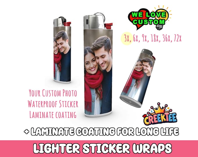 Custom 3x Lighter Sticker Wraps, your photo, text, or images, quantity bundles available, with laminate coating. 3x, 6x, 9x, 18x, 36 plus