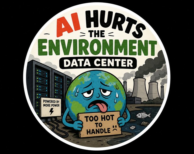 Data centers hurt the environment Round Bumper Sticker, Magnet, Vinyl Sticker or Window Cling, UV Laminate Coating, laptop, water bottle