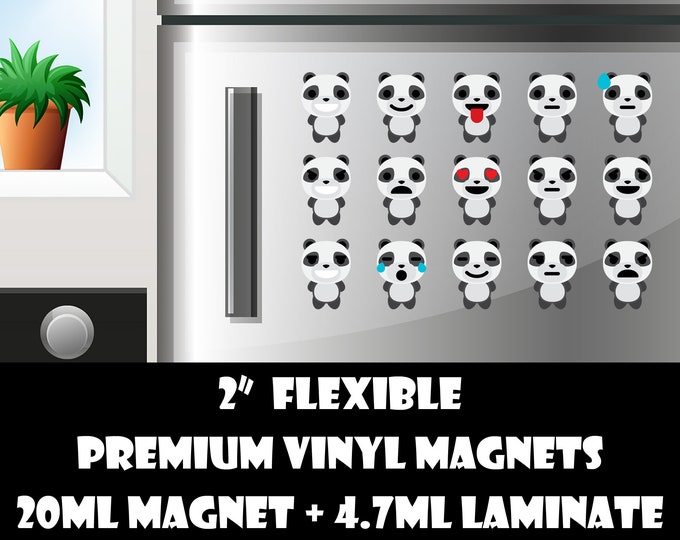 15 2inch panda emoji fridge magnets or stickers standard, photo or vinyl print materials with laminate or magnet options available.