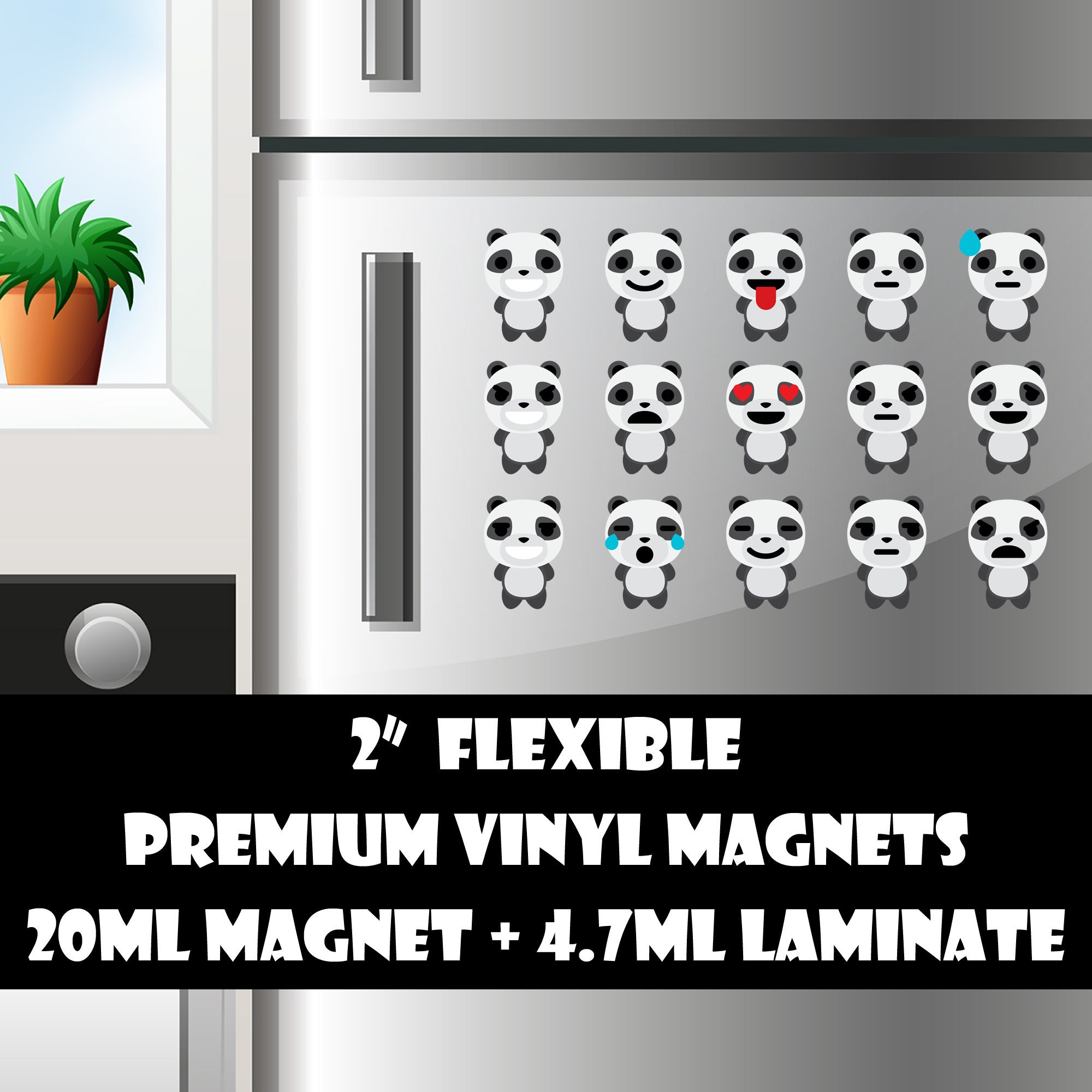 15 2inch panda emoji fridge magnets or stickers standard, photo or vinyl print materials with laminate or magnet options available.