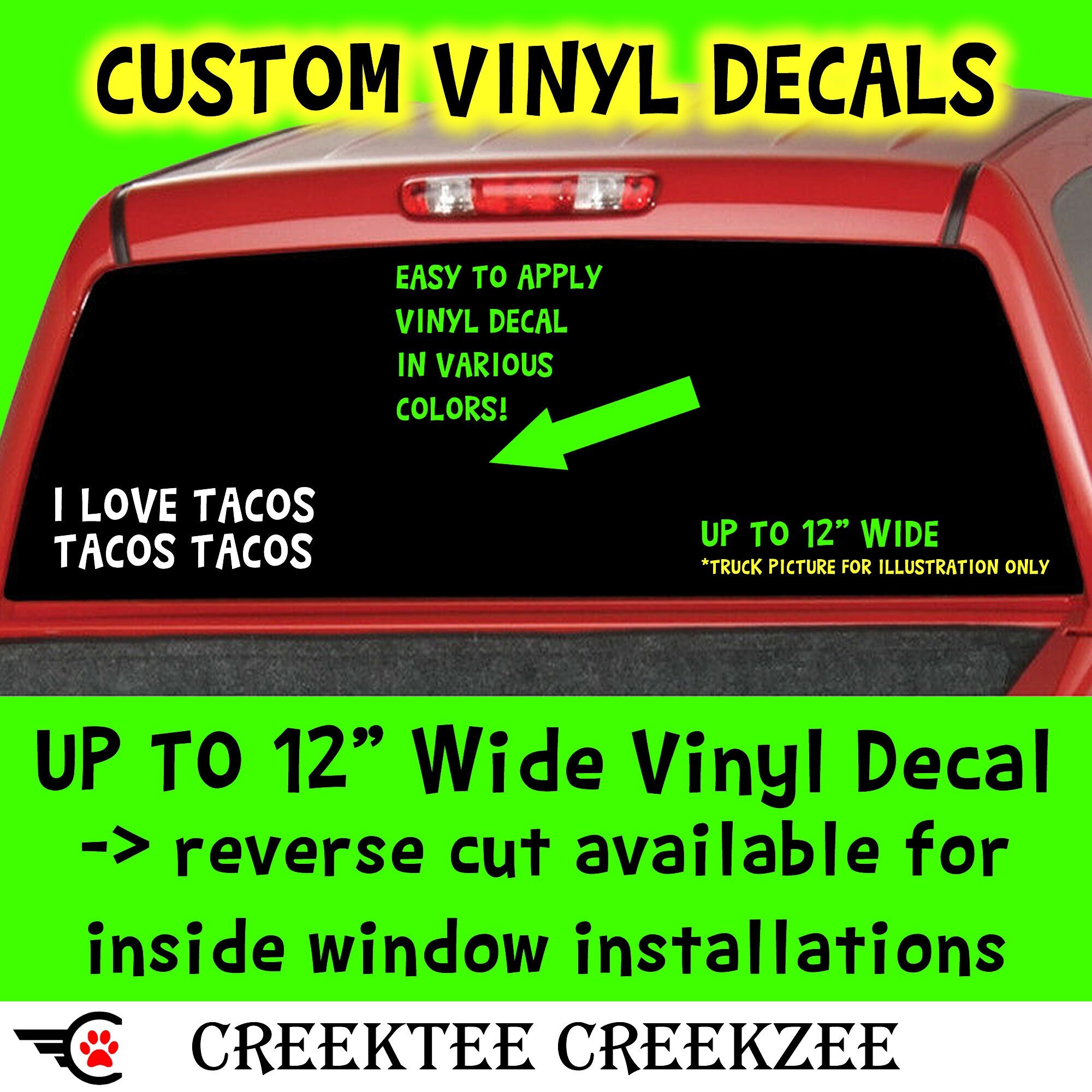 I love tacos tacos tacos in Color Vinyl Various Sizes and Colors Die Cut Vinyl Decal also in Cool Chrome Colors!