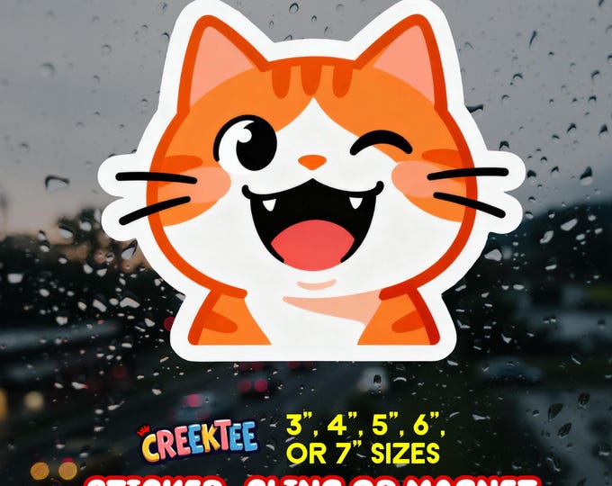 Laughing Cat Vinyl Sticker, Window Cling or Magnet in UV Laminate Coating