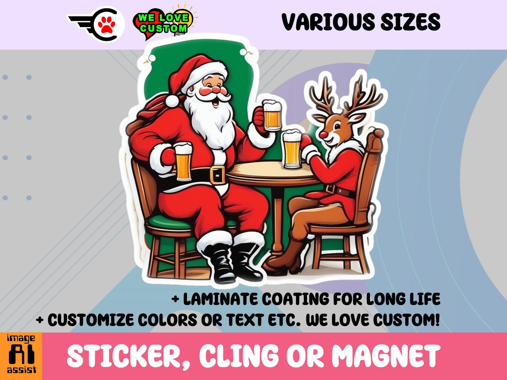 Santa Claus and Rudolph Drinking Beer together Vinyl Sticker, Magnet or Window Cling in Various Sizes